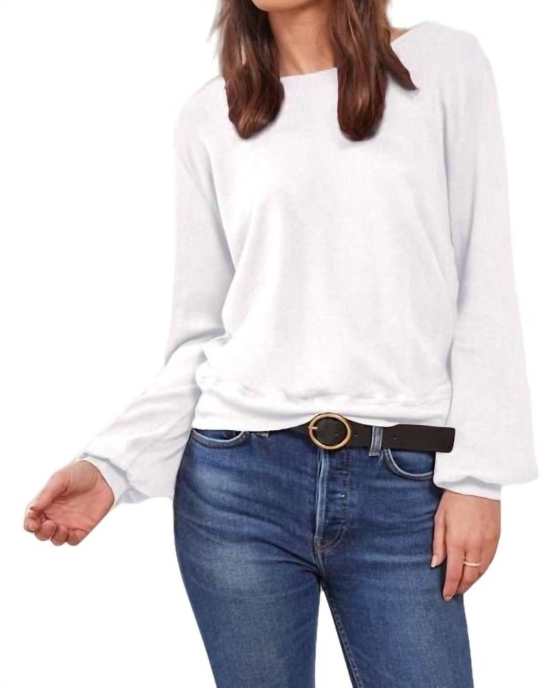 Front of a model wearing a size L Stop By Twist Back Pullover in Soft White in Soft White by LAmade. | dia_product_style_image_id:346151